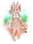 1girl absurdres animal_ears boots bow bowtie brown_eyes brown_hair cat_ears cat_girl cat_tail chai_chai_huishi extra_ears highres kemono_friends kemono_friends_3 kemono_friends_v_project large-spotted_genet_(kemono_friends) long_hair looking_at_viewer microphone outdoors ribbon shirt simple_background skirt tail thigh-highs twintails virtual_youtuber 