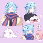  2girls animal_ears black_shirt blue_hair cassiopeia19 cat_ears character_request closed_eyes grusha_(pokemon) highres long_hair multicolored_hair multiple_girls pink_background pink_hair pokemon pokemon_sv scarf shirt violet_eyes 