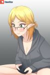 1girl blonde_hair elf game_controller glasses isekai_ojisan pointy_ears rudysaki