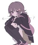  1girl ? animal_bag black_thighhighs blush blush_stickers brown_hair brown_skirt cat_bag crossed_arms danganronpa_(series) danganronpa_2:_goodbye_despair flipped_hair frown galaga highres hood hood_down hooded_jacket jacket komatta_nagito long_sleeves medium_hair nanami_chiaki pink_bag pink_eyes pink_footwear pleated_skirt shoes simple_background skirt solo squatting thigh-highs translation_request white_background 