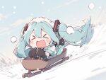  &gt;_&lt; 1girl :d beret black_mittens blue_hair blush closed_eyes floating_hair hair_between_eyes hair_ornament hat hatsune_miku hill jacket long_sleeves mittens motion_lines open_mouth outdoors shawl sidelocks sitting sled sledding smile snow snowing solo twintails v-shaped_eyebrows vocaloid warotamin4 white_headwear white_jacket white_shawl 