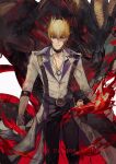  1boy belt black_choker black_pants blonde_hair bright_pupils character_name choker coat dragon duel_monster fangs fire grin high_collar highres horns jack_atlas jewelry long_coat male_focus naoki_(2rzmcaizerails6) necklace pants partially_unbuttoned red_dragon_archfiend red_eyes shirt short_hair_with_long_locks shoulder_spikes smile spikes spiky_hair standing studded_choker upper_body violet_eyes white_background white_coat white_shirt yu-gi-oh! yu-gi-oh!_5d&#039;s 