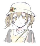  1girl azusawa_kohane blush brown_eyes brown_hair closed_mouth collared_dress cropped_torso dress flower hair_between_eyes hat hat_flower kuroi_(liar-player) looking_at_viewer project_sekai puffy_sleeves simple_background smile solo sunflower twintails twitter_username upper_body white_background white_headwear yellow_dress yellow_flower 