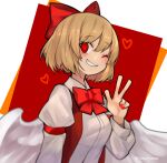  1girl angel_wings blonde_hair bow breasts brown_jacket clenched_teeth commentary gengetsu_(touhou) hair_bow heart heart-shaped_pupils highres jacket long_sleeves looking_at_viewer medium_breasts neck one_eye_closed razuzyamu red_bow red_eyes red_nails red_ribbon ribbon shirt short_hair simple_background smile symbol-shaped_pupils teeth touhou touhou_(pc-98) v white_shirt white_wings wings 