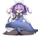  1girl absurdres animal_ear_hood azur_lane coat flasher_(azur_lane) full_body goggles goggles_around_neck hair_between_eyes highres holding_sewing_needle hood lump_saury needle purple_hair sewing sewing_needle simple_background sitting sketch solo stuffed_animal stuffed_shark stuffed_toy thigh-highs toeless_legwear toes two_side_up violet_eyes wariza white_background white_coat white_hood 