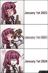  1girl ? ?? alcohol artist_name beer blurry_text blush bocchi_the_rock! bottle braid closed_eyes commentary drinking drunk english_commentary english_text hair_over_shoulder hiroi_kikuri holding holding_bottle long_hair meme myjet new_year nose_blush open_mouth purple_hair side_braid single_braid smile 
