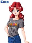  1girl :d blue_pants clothes_writing denim grey_shirt hand_on_own_hip jeans looking_at_viewer matsuda_yumi medium_hair official_art pants pocket_love raised_eyebrows redhead shirt simple_background smile solo t-shirt violet_eyes white_background 