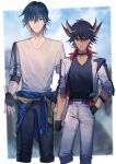  2boys alternate_costume belt black_gloves black_hair black_pants black_shirt blue_eyes blue_hair blue_jacket blue_sky blurry blurry_background bruno_(yu-gi-oh!) choker clothes_around_waist clouds cloudy_sky commentary cropped_legs day facial_mark facial_tattoo fingerless_gloves fudou_yuusei gloves grey_eyes grin hand_on_own_hip highres jacket jacket_around_waist male_focus multicolored_hair multiple_boys naoki_(2rzmcaizerails6) open_clothes open_jacket outdoors pants red_belt shirt short_hair shoulder_strap sky smile spiky_hair standing streaked_hair t-shirt tattoo upper_body v-neck white_jacket white_pants white_shirt yu-gi-oh! yu-gi-oh!_5d&#039;s 