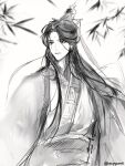  1boy chinese_clothes closed_mouth expressionless facial_mark forehead_mark greyscale hanfu highres lacyy long_hair long_sleeves looking_ahead monochrome renzha_fanpai_zijiu_xitong ribbon shen_qingqiu simple_background solo tree twitter_username white_background wide_sleeves xiao_guan_(headdress) 