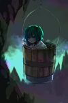  1girl absurdres blue_eyes blue_pupils bright_pupils bucket cave_interior closed_mouth commentary_request expressionless green_hair highres in_bucket in_container japanese_clothes kaigen_1025 kimono kisume medium_hair short_twintails solo touhou twintails white_kimono wooden_bucket 