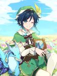  1boy beret black_hair blue_hair braid cape cassiopeia19 dragon dvalin_(genshin_impact) flower genshin_impact gradient_hair green_eyes green_headwear hair_ornament hat highres long_sleeves looking_at_viewer male_focus multicolored_hair one_eye_closed smile solo teeth twin_braids venti_(genshin_impact) 