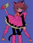  1girl animal_ears boots brown_hair cardcaptor_sakura cat_ears cat_tail child dress highres holding holding_wand kinomoto_sakura magical_girl menma_(enaic31) pink_dress pink_footwear retro_artstyle short_hair smile solo standing tail wand 