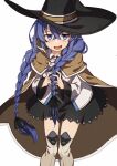  1girl black_bow black_headwear black_skirt blue_eyes blue_hair blush boots bow braid brown_cape cape cluseller crossed_bangs hair_between_eyes hair_bow hat knee_boots looking_at_viewer mushoku_tensei nervous_smile open_mouth roxy_migurdia simple_background skirt smile solo twin_braids white_background witch_hat 