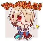  1girl blonde_hair blue_jacket blush chibi furrowed_brow hair_ornament hair_over_one_eye hairclip heaven_burns_red jacket kayamori_ruka long_sleeves looking_at_viewer necktie one_eye_covered red_eyes red_necktie shirt short_hair solo star_(symbol) tongue tongue_out translation_request white_shirt yama_minami 