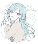  1girl :d blue_eyes blue_hair brown_cardigan cardigan character_name cropped_torso dated from_side grey_shirt hair_between_eyes hands_up happy_birthday heart hinomori_shizuku kuroi_(liar-player) long_hair long_sleeves looking_at_viewer looking_to_the_side mole mole_under_mouth open_cardigan open_clothes project_sekai puffy_long_sleeves puffy_sleeves sailor_collar shirt simple_background smile solo steepled_fingers twitter_username upper_body very_long_hair white_background white_sailor_collar 