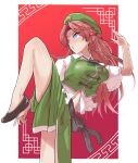  1girl blue_eyes breasts fighting_stance green_headwear green_skirt green_vest highres hong_meiling leg_up red_background redhead shirt skirt solo stomach touhou vest white_shirt yet_you 