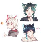  3boys animal_ears aqua_hair black_shirt braid cassiopeia19 cat_ears closed_eyes collar genshin_impact green_hair grey_hood highres kaedehara_kazuha multicolored_hair multiple_boys open_mouth red_eyes redhead shirt short_hair teeth twin_braids venti_(genshin_impact) white_hair xiao_(genshin_impact) yellow_eyes 