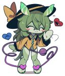  ^_^ bow closed_eyes colored_skin crossover english_text facing_viewer genshin_impact green_hair green_skin happy hat hat_bow komeiji_koishi long_hair long_sleeves melusine_(genshin_impact) shirt third_eye touhou waving yellow_shirt zunusama 