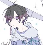  1boy black_hair copyright_request hair_between_eyes holding holding_umbrella kuroi_(liar-player) looking_at_viewer male_focus parted_lips purple_shirt shirt simple_background solo twitter_username umbrella upper_body violet_eyes white_background white_umbrella 