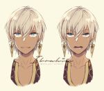  1boy blue_eyes collarbone cropped_shoulders dark-skinned_male dark_skin earrings expressions grey_hair ibrahim_(nijisanji) jewelry looking_at_viewer male_focus moca_soon multiple_views nijisanji open_mouth smile virtual_youtuber 