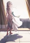 1girl anklet bare_arms bare_shoulders barefoot blurry blurry_background bow chinese_commentary commentary curtains dress from_behind full_body green_bow green_eyes heart highres ikooto111 jewelry long_dress long_hair looking_back nier nier_(series) scene_reference sideless_dress solo spoilers tile_floor tiles waist_bow white_dress white_hair window yellow_curtain yonah 