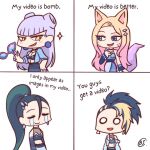  4girls ahri_(league_of_legends) akali animal_ears black_hair blonde_hair blue_eyes blue_jacket breasts butter_spoon chibi claws closed_eyes commentary crying crystal_tail earrings english_commentary english_text evelynn_(league_of_legends) facial_mark fox_ears fox_girl green_hair high_ponytail jacket jewelry k/da_(league_of_legends) kai&#039;sa league_of_legends medium_breasts midriff multicolored_hair multiple_girls navel o_o off_shoulder orange_eyes pink_hair purple_hair signature slit_pupils sparkle streaming_tears tail tears the_baddest_ahri the_baddest_akali the_baddest_evelynn the_baddest_kai&#039;sa two-tone_hair whisker_markings 