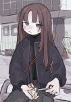  1girl absurdres black_eyes black_jacket black_pants black_sweater blush brown_hair cigarette cigarette_pack closed_mouth day highres holding jacket long_hair long_sleeves looking_at_viewer open_clothes open_jacket original outdoors pants sitting solo sweater turtleneck turtleneck_sweater yunoki_itsugu 