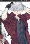  1boy coat dante_(devil_may_cry) devil_may_cry_(series) devil_may_cry_5 fingerless_gloves gloves gougougougou highres holding long_hair male_focus mature_male old old_man ponytail red_coat solo white_hair 