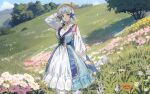  1girl artist_name blue_dress blue_eyes blue_hair breasts butterfly_hair_ornament closed_mouth collar commentary cowboy_shot dress field flower flower_field genf4755 genshin_impact grass hair_ornament hair_up hand_on_headwear hand_up highres kamisato_ayaka kamisato_ayaka_(springbloom_missive) light_blue_hair long_sleeves looking_at_viewer medium_breasts mole mole_under_eye official_alternate_costume official_alternate_hairstyle pink_ribbon ribbon solo standing white_collar white_flower 