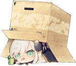  1girl ars_almal box cardboard_box chibi cloak eating food green_eyes hood hood_up hooded_cloak lying metal_gear_(series) moca_soon nijisanji on_stomach short_hair solo transparent_background virtual_youtuber white_hair 