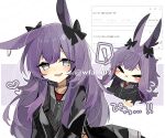  ! &gt;_&lt; 1girl :x animal_ears arknights artist_name black_bow black_jacket blush bow closed_mouth commentary_request grey_eyes hair_bow heart itsuki_02 jacket long_hair looking_at_viewer multiple_views open_mouth purple_hair rabbit_ears rabbit_girl request_inset rope_(arknights) spoken_exclamation_mark translation_request twitter_username 