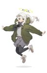  1girl baseball_cap black_pantyhose black_scarf blue_archive full_body green_eyes green_jacket grey_footwear grey_hair hakasesuitchi halo hare_(blue_archive) hare_(camp)_(blue_archive) hat hood hooded_jacket jacket jumping long_hair long_sleeves looking_at_viewer open_clothes open_jacket open_mouth pantyhose ponytail scarf shoes simple_background sneakers solo white_background white_headwear 
