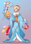  1girl ancient_dragon_(mario) blonde_hair blue_background blue_eyes blue_kimono brooch chinese_zodiac dragon earrings eastern_dragon full_body gradient_background hair_ornament hair_over_one_eye highres holding holding_wand japanese_clothes jewelry kimono looking_at_viewer luma_(mario) pink_background rosalina saiwo_(saiwoproject) sandals socks solo star_(symbol) star_brooch star_earrings super_mario_bros. updo wand white_socks year_of_the_dragon 