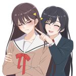 2girls amakuma arms_under_breasts bang_dream! bang_dream!_it&#039;s_mygo!!!!! black_hair black_jacket breasts brown_dress brown_hair closed_eyes closed_mouth collarbone collared_shirt crossed_arms dress english_commentary frown hanasakigawa_school_uniform highres jacket long_hair long_sleeves love_live! love_live!_nijigasaki_high_school_idol_club medium_breasts mole mole_under_eye multiple_girls neck_ribbon nijigasaki_academy_school_uniform red_ribbon ribbon sailor_collar school_uniform shiina_taki shirt sidelocks teasing teeth upper_body upper_teeth_only v-shaped_eyebrows voice_actor_connection white_background white_sailor_collar white_shirt winter_uniform yuuki_setsuna_(love_live!) 