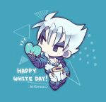  1boy alternate_color belt blue_background blue_belt blue_gloves blue_heart chibi fingerless_gloves full_body gloves happy_white_day heart holding holding_heart jacket kazama_jin kotorai male_focus no_nose pants player_2 short_hair signature solo studded_gloves tekken thick_eyebrows v-shaped_eyebrows white_hair white_jacket white_pants 