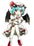  1girl ascot bat_wings black_wings blue_hair breasts brooch collared_shirt crossed_legs frilled_shirt_collar frilled_skirt frilled_sleeves frills full_body hair_between_eyes hand_on_own_cheek hand_on_own_face hat hat_ribbon jewelry looking_at_viewer maa_(forsythia1729) medium_hair mob_cap puffy_short_sleeves puffy_sleeves red_brooch red_eyes red_footwear red_ribbon remilia_scarlet ribbon shirt short_sleeves simple_background skirt small_breasts socks solo tongue tongue_out touhou v-shaped_eyebrows white_ascot white_background white_headwear white_shirt white_skirt white_socks wings wrist_cuffs 