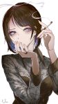  1girl artist_name black_hair cigarette fufu_(fufuichi04) hand_on_own_face highres jewelry looking_to_the_side original ring short_hair smoke_trail smoking squinting white_background 