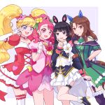 4girls animal_ears asahina_mirai black_gloves black_hair black_thighhighs blonde_hair brown_hair cure_grace cure_miracle cure_miracle_(ruby_style) dress ear_covers elbow_gloves garter_straps gloves green_dress hanadera_nodoka hand_on_own_hip healin&#039;_good_precure highres horse_ears horse_girl horse_tail king_halo_(umamusume) layered_dress looking_at_viewer magical_girl mahou_girls_precure! minu multiple_girls nijisanji official_alternate_costume pink_eyes pink_hair precure puffy_short_sleeves puffy_sleeves short_sleeves simple_background smile tail thigh-highs thigh_strap tsukino_mito tsukino_mito_(13th_costume) twintails umamusume v violet_eyes virtual_youtuber white_gloves