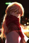  1girl blonde_hair blurry bokeh depth_of_field e20_(79324944) girls&#039;_frontline_2:_exilium girls_frontline hair_between_eyes highres long_hair looking_at_viewer looking_to_the_side orange_eyes ots-14_(girls&#039;_frontline) red_scarf scarf smile solo upper_body 