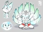  1boy animal_ears animal_nose artist_name close-up closed_mouth english_commentary english_text full_body gloves glowing grey_background highres looking_at_viewer multiple_tails nic_kenten nine_(sonic) red_footwear solo sonic_(series) tail tails_(sonic) white_gloves 