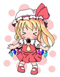  &gt;_&lt; 1girl annon_(tabi_suru_ani-photo) chibi closed_eyes collared_shirt facing_viewer flandre_scarlet frilled_shirt_collar frills hat hat_ribbon mary_janes mob_cap multicolored_wings pigeon-toed puffy_short_sleeves puffy_sleeves red_footwear red_ribbon red_skirt red_vest ribbon shirt shoes short_sleeves skirt socks solo tongue tongue_out touhou valentine vest white_background white_headwear white_shirt white_socks wings 