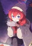  1girl :d absurdres blue_archive blush food hat highres holding jacket klaius redhead sitting smile solo 