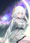  1girl absurdres ars_almal blue_eyes blush choker crescent_moon dress grey_dress hair_ornament hand_up highres looking_at_viewer moon nijisanji short_hair sitting sky smallpine_7 smile solo star_(sky) starry_sky virtual_youtuber white_hair 