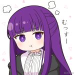  1girl :t black_robe chibi closed_mouth commentary_request dress fern_(sousou_no_frieren) hood hood_down hooded_robe long_hair looking_at_viewer mitya open_clothes open_robe pout purple_hair robe simple_background solo sousou_no_frieren translation_request twitter_username upper_body violet_eyes white_background white_dress 