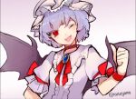  1girl bat_wings blue_hair bow breasts choker fang hat looking_at_viewer mob_cap one_eye_closed razuzyamu red_bow red_choker red_eyes remilia_scarlet shirt short_hair short_sleeves simple_background small_breasts smile thumbs_up touhou white_shirt wings 