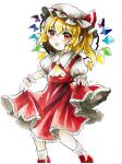  1girl ascot blonde_hair collared_shirt curtsey feet_out_of_frame flandre_scarlet frilled_shirt_collar frilled_skirt frilled_sleeves frills hair_between_eyes hat hat_ribbon maa_(forsythia1729) medium_hair multicolored_wings one_side_up pointy_ears puffy_short_sleeves puffy_sleeves red_eyes red_footwear red_ribbon red_skirt red_vest ribbon ribbon-trimmed_headwear ribbon_trim shirt short_sleeves simple_background skirt skirt_set socks solo touhou vest white_headwear white_shirt white_socks wings yellow_ascot 