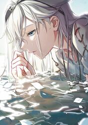  1boy absurdres black_hairband blue_eyes chinese_commentary commentary cross-laced_clothes cross-laced_top curled_fingers hairband half-closed_eyes highres ikooto111 in_water jewelry long_hair male_focus necklace nier nier_(series) nier_(young) parted_lips partially_submerged petals petals_on_liquid portrait profile reflection reflective_water shirt short_sleeves solo tooth_necklace water wet white_hair white_petals white_shirt 