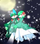  1boy 1girl commentary_request flower full_moon gallade gardevoir green_hair green_robe hair_flower hair_ornament highres kanimiso_na_double medium_hair moon open_mouth pokemon pokemon_(creature) red_eyes robe smile snow walking 