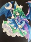  1girl bat_wings black_background blue_cape blue_dress blue_headwear blue_wings bow bowtie cape closed_mouth commentary_request crescent dress frilled_dress frills green_eyes green_hair holding holding_scepter kaigen_1025 long_hair long_sleeves mima_(touhou) pointy_hat purple_bow purple_bowtie purple_trim scepter simple_background smile solo touhou touhou_(pc-98) two-sided_cape two-sided_fabric wings 
