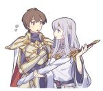  1boy 1girl armor breastplate brown_eyes brown_hair cape circlet commentary_request cousins dress fire_emblem fire_emblem:_genealogy_of_the_holy_war haconeri holding holding_sword holding_weapon julia_(fire_emblem) leif_(fire_emblem) long_hair open_mouth pauldrons purple_hair red_cape short_hair shoulder_armor simple_background smile surprised sword two-sided_cape two-sided_fabric two-tone_cape violet_eyes weapon white_background white_cape white_dress 